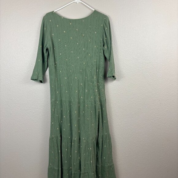 Aspiga Womens Green Metallic Embroidered Boho Peasant V-Neck Midi Dress Size M - Picture 2 of 9
